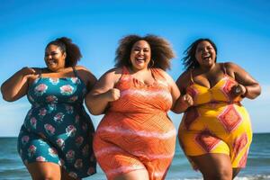 een groep foto van verschillend plus grootte Dames in elegant zwemkleding genieten van een dag Bij de strand. generatief ai