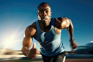 de behendigheid en snelheid van een mannetje atleet net zo hij bezighoudt in een sprinten sessie Aan de spoor. generatief ai foto