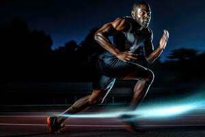 de behendigheid en snelheid van een mannetje atleet net zo hij bezighoudt in een sprinten sessie Aan de spoor. generatief ai foto