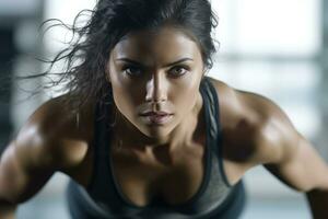 de sterkte en behendigheid van een vrouw atleet net zo ze bezighoudt in hoog - intensiteit interval opleiding Bij de Sportschool. generatief ai foto