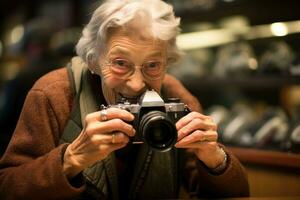 een ouderen vrouw gebruik makend van een camera en een fotografie hobby, demonstreren haar vaardigheden naar zich aanpassen naar modern ontwikkelingen. generatief ai foto