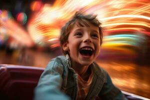 een dichtbij - omhoog schot van een jong jongen, lachend en genieten van de adrenaline stormloop van een bumper auto botsing. generatief ai foto