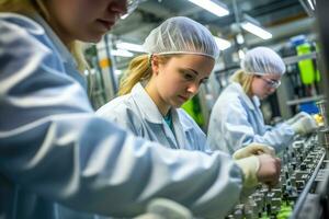 een jong vrouw werken Aan een productie lijn in een bruisend fabriek met een dichtbij - omhoog schot van haar handen in elkaar zetten een Product. generatief ai foto