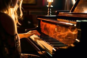 een dichtbij - omhoog schot van een vrouw spelen de piano in een vaag lit muziek- studio. generatief ai foto