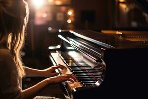 een dichtbij - omhoog schot van een vrouw spelen de piano in een vaag lit muziek- studio. generatief ai foto