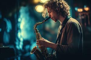 een dichtbij - omhoog schot van een jong Mens Met passie spelen een saxofoon, in een vaag lit jazz- club. generatief ai foto