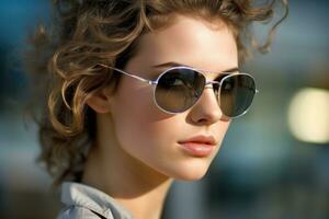een dichtbij - omhoog schot van een jong vrouw vervelend elegant zonnebril, uitstralend vertrouwen en mode - vooruitziendheid. generatief ai foto