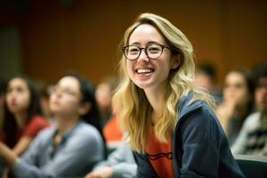 de wisselwerking en kennis sharing tussen een jong vrouw docent en haar studenten in een dichtbij - omhoog schot gedurende een congres of werkplaats. generatief ai foto