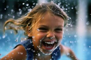jong kind meisjes net zo ze deelnemen in een zwemmen les Bij een zwembad. generatief ai foto
