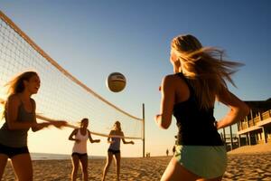 een groep van vrienden spelen een vriendelijk spel van strand volleybal. generatief ai foto