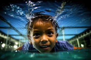 de onschuld en nieuwsgierigheid van een jong jongen net zo hij onderzoekt de onderwater- wereld van een zwemmen zwembad. generatief ai foto
