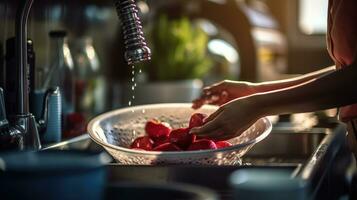 vrouw het wassen fruit en groenten met haar hand- in de wastafel foto