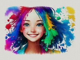 waterverf schattig meisje met gekleurde kunst illustratie Aan wit papier structuur achtergrond foto