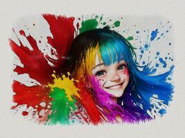 waterverf schattig meisje met gekleurde kunst illustratie Aan wit papier structuur achtergrond foto