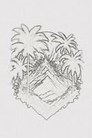 hand getekend schets schetsen van zonsondergang, berg, en palm boom illustratie voor t-shirt ontwerp foto