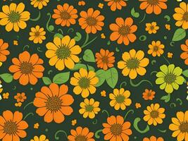 naadloos patroon met geel en oranje helling kleur bloemen Aan een zwart achtergrond foto