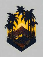zonsondergang met berg en palm bomen creatief illustratie foto