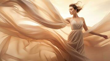 vrouw in beige vliegend jurk foto