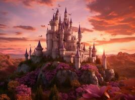 magie kasteel in zonsondergang foto