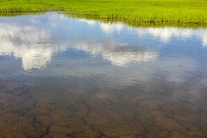 landschap achtergrond oppervlakte reflectie water gebarsten grond met bewolkt lucht. foto