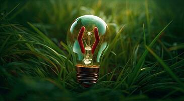 groen energie concept met licht lamp en groen bladeren. 3d weergave, groen eco energie concept met licht lamp en fabriek ai generatief foto