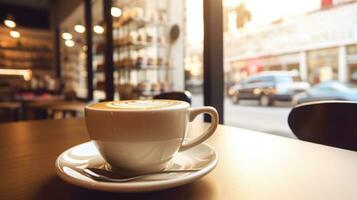 koffie kop Aan houten tafel in koffie winkel met wazig achtergrond, ai generatief foto