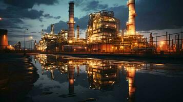 industrieel olie raffinaderij petrochemisch chemisch fabriek met uitrusting en hoog pijpen Bij nacht. ai gegenereerd foto