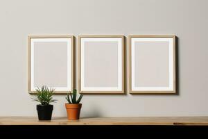 drie ingelijst posters Aan een muur en houten tafel met een ingemaakt fabriek ai gegenereerd foto