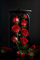 boeket van rood rozen Aan een zwart achtergrond, ai gegenereerd foto