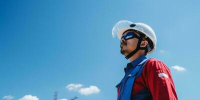 een ingenieur met een helm en veiligheid kleding staat tegen de blauw lucht foto