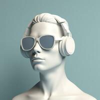 minimaal tafereel van zonnebril en hoofdtelefoons Aan menselijk hoofd beeldhouwwerk, muziek- concept, 3d weergave. ai generatief foto