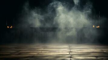 houten verdieping met rook en licht in donker kamer. halloween abstract achtergrond. ai gegenereerd foto