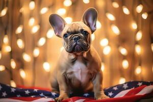 schattig Frans bulldog puppy met Kerstmis lichten en Amerikaans vlag Aan bokeh achtergrond. 4e van juli onafhankelijkheid dag . ai gegenereerd foto