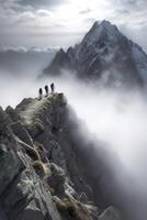 Mens Aan top van berg, wandelen door wolken, ai generatief foto