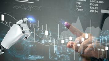 bedrijf 3d renderen kunstmatig intelligentie- ai robot handel diagram voorraad markt diagram diagram virtueel scherm. economisch analyse en investering financiën en afzet forex en voorraad aandelenbeurs. foto