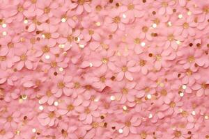 roze naadloos patroon met bloemen en gouden schitteren, pailletten. van toepassing voor omhulsel papier, afdrukken. achtergrond met glimmend elementen. herhaalbaar textuur. viering, feestelijk, evenement. generatief ai. foto