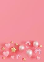 roze achtergrond met ballonnen, harten, sterren en kopiëren ruimte. zijn een meisje verticaal backdrop met leeg ruimte voor tekst. baby douche of verjaardag uitnodiging, feest. baby meisje geboorte Aankondiging. 3d. foto