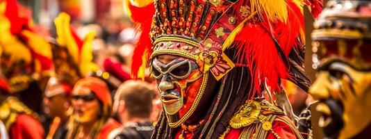 dansers Bij de carnaval in kleurrijk veer en zijde maskers, banier gemaakt met generatief ai foto