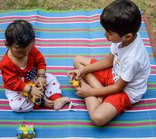 twee gelukkig jongens in maatschappij park, gelukkig Aziatisch broers wie zijn glimlachen gelukkig samen. broers Speel buitenshuis in zomer, het beste vrienden. kleuter baby jongen spelen met zijn gelukkig broer in de tuin foto