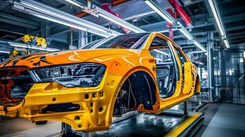 geel auto, robot automatisering lijn in een fabriek voor de productie van modern auto's, gemaakt met generatief ai foto