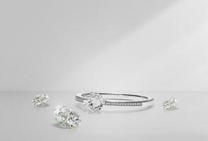 wit goud of zilver ring zonder edelsteen en ronde diamant met reflectie Aan een achtergrond foto
