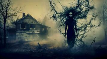 nachtmerrie. een vrouw geest en een achtervolgd huis, gemaakt met generatief ai foto