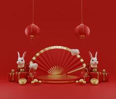gelukkig Chinese nieuw jaar, leeg podium met geschenk doos en decoratie gordijn , lantaarn, concept voor jaar van de konijn, maan, konijn, stadium Chinese nieuw jaar Aan rood achtergrond. 3d renderen foto
