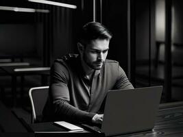 zwart en wit foto van knap zakenman werken met laptop in kantoor. bedrijf concept. generatief ai