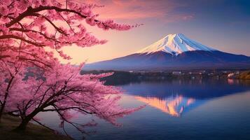 foto van kers bloesems en monteren fuji in lente, Japan, gegenereerd door ai