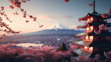 foto van chureito pagode en monteren fuji in Japan met kers bloesems in lente, gegenereerd door ai