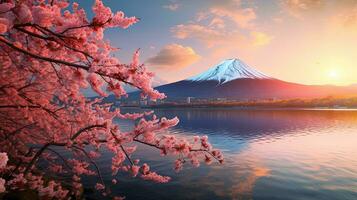 foto van kers bloesems en monteren fuji in lente, Japan, gegenereerd door ai