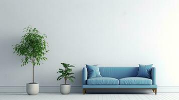 leven kamer met een blauw bank, plant, en tafel, gegenereerd door ai foto
