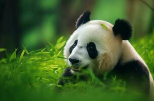 detailopname portret van schattig panda gezicht detail aan het eten groen plant, generatief ai foto