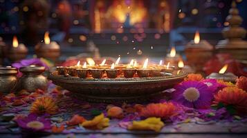 diwali viering achtergrond met kaarsen en bloem bloemblaadjes, gegenereerd door ai foto